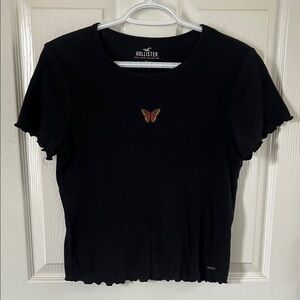 💋3/$10💋Hollister Ribbed Lettuce Hem Baby Butterfly Tee Black & Orange Size M